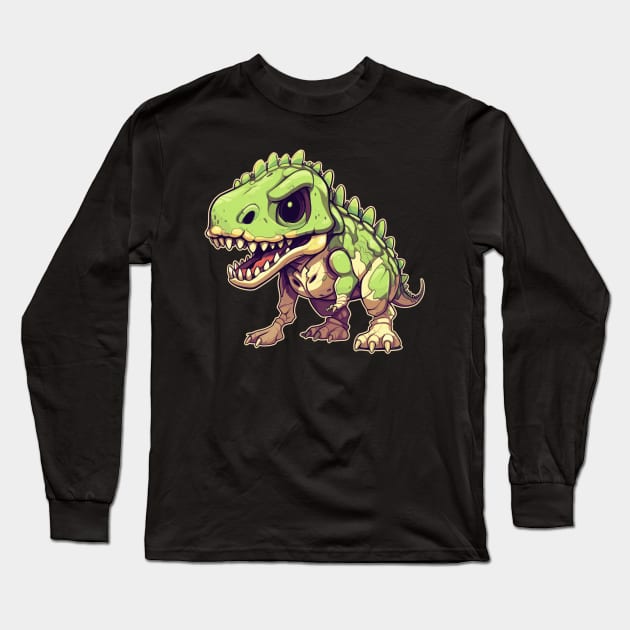 Green Scary Chibi T-Rex Isometric Dinosaur Long Sleeve T-Shirt by DanielLiamGill